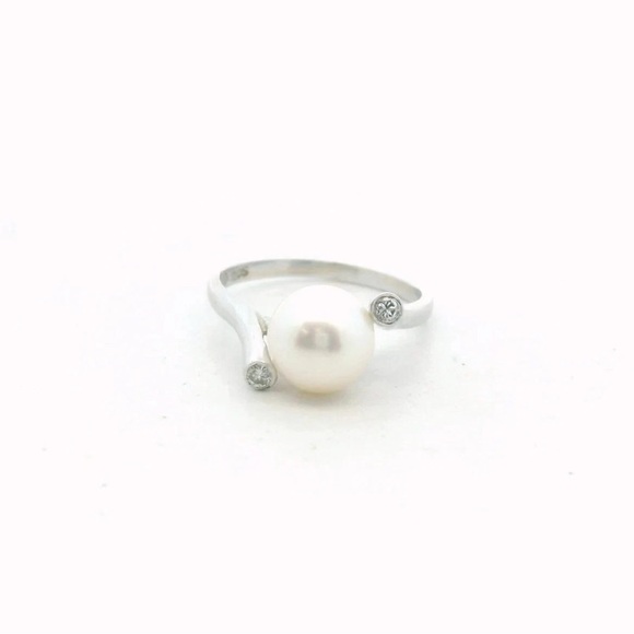 Vintage 14K White Gold Diamond & Cultured Pearl Ring
